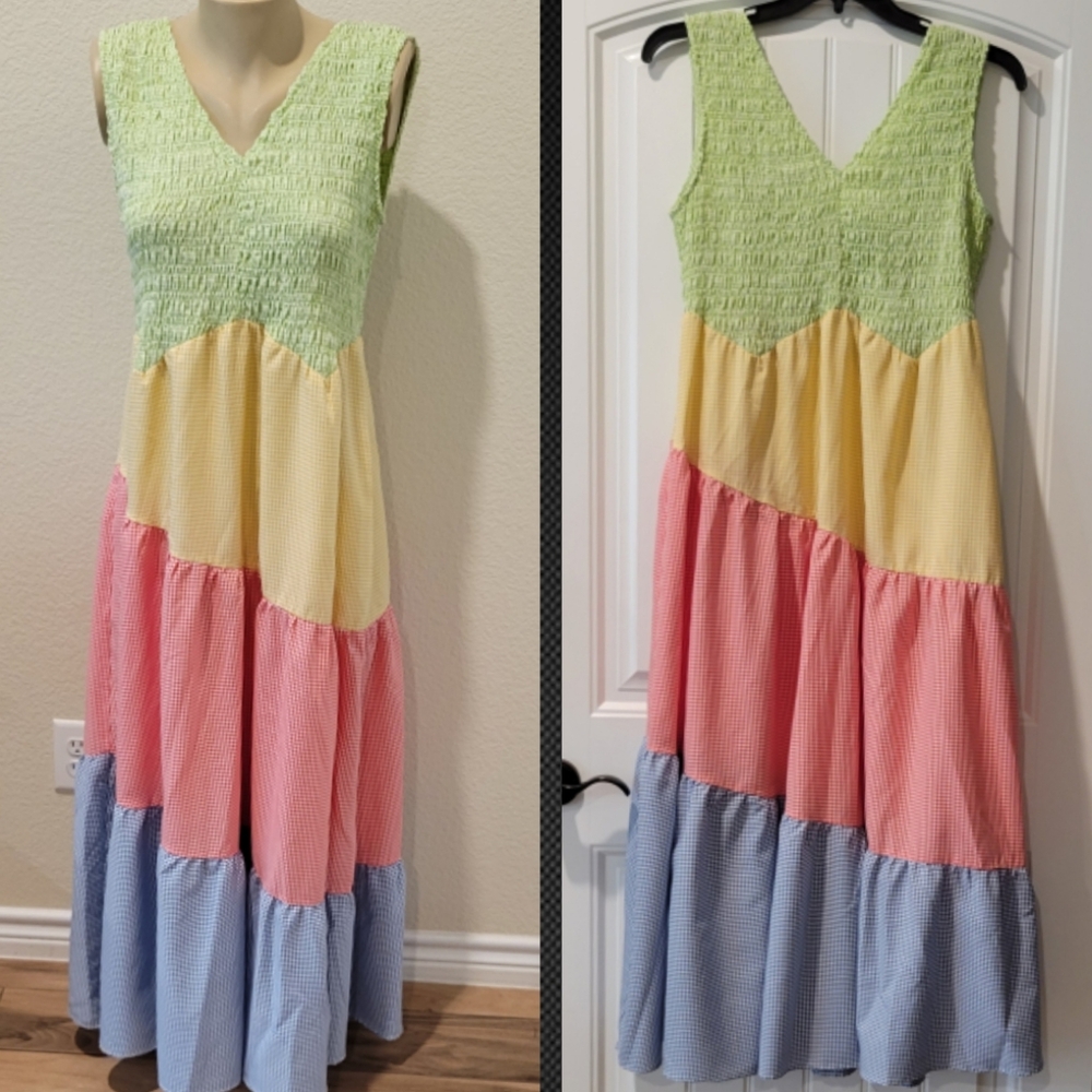 multi colorful gingham tier maxi dress large